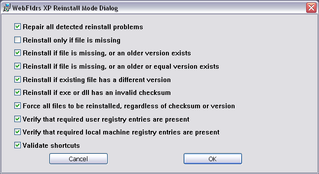 Screenshot Fenster WebFldrs XP Reinstall Mode Dialog